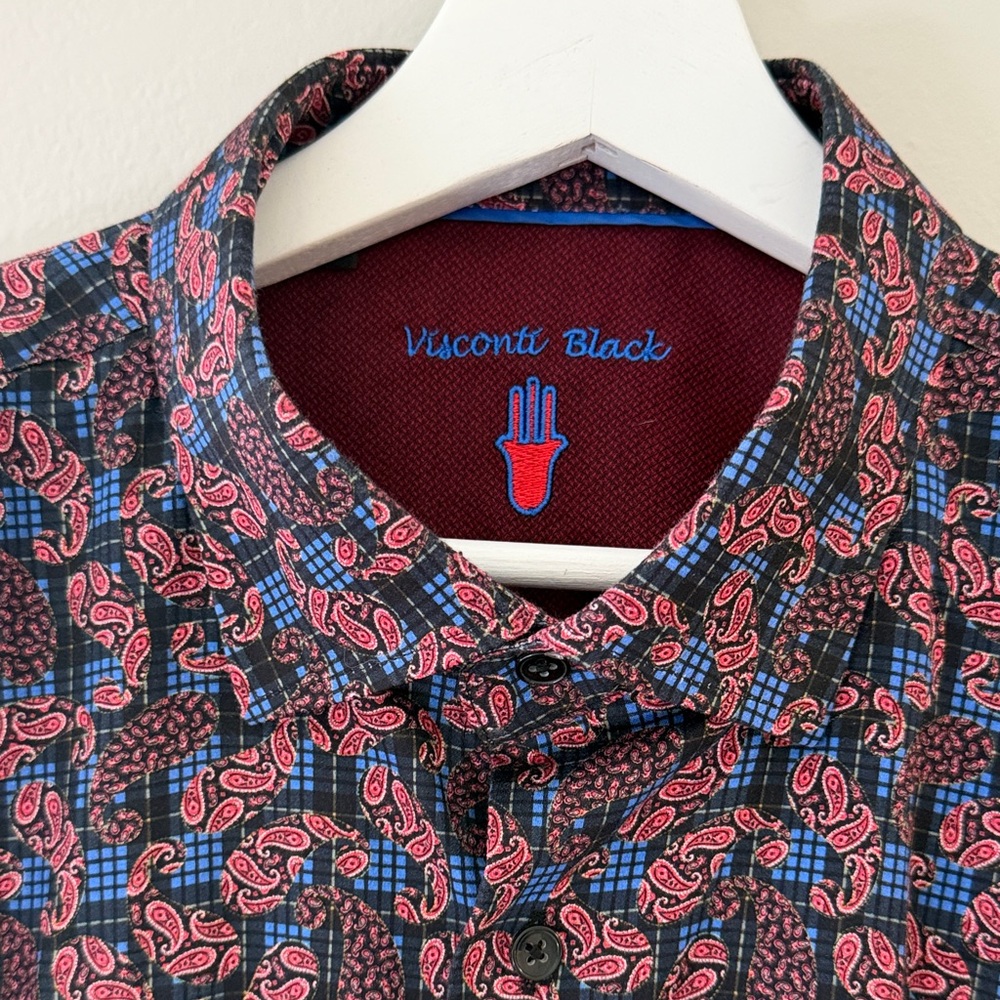 Luciano Visconti Black Paisley Red Blue Pattern Men XL Cotton Button Up Shirt